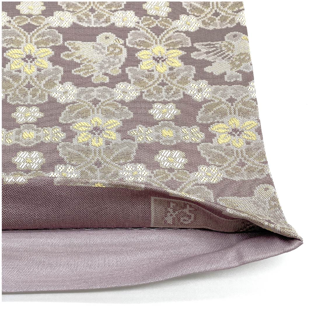 袋帯 浅滅紫色（あさきけしむらさきいろ） 鼎工房 鳥 花 長尺 帯丈470cm 正絹 Sランク 全通 セミフォーマル 紫系 1123009342420