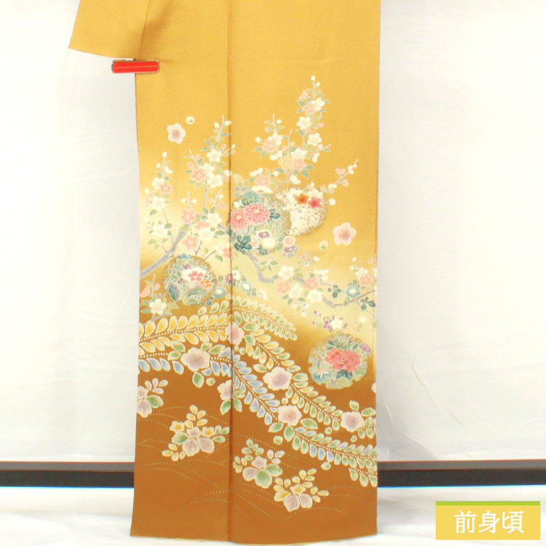 Homongi, pure silk, lined, length 163cm, sleeve length 69cm, yellow paper color, Kyoto Yuzen, cherry blossom, chrysanthemum, pink, new harebare processing, S rank, yellow, 1112005152423