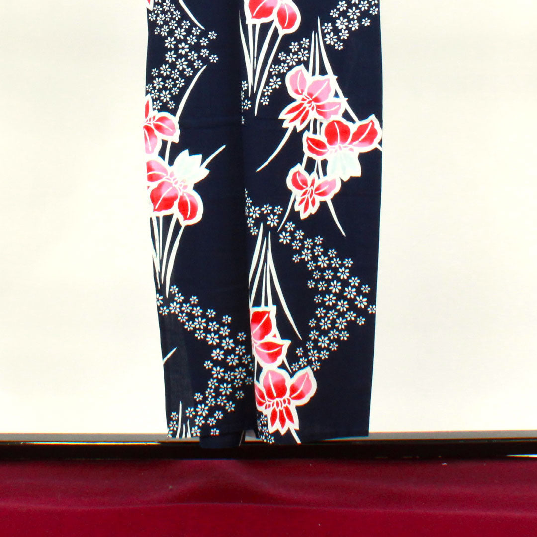 再生和服] 浴衣，深蓝色，鸢尾花，棉，S级，单层，长度152厘米