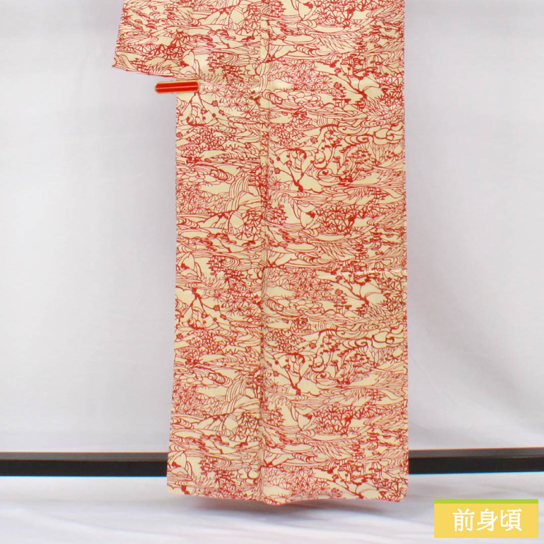 小紋 正絹 身丈162cm 裄丈63cm 袷 東京白茶色（とうきょうしらちゃいろ） 線描き風景画 風景 Sランク クリーム系 1115005222415