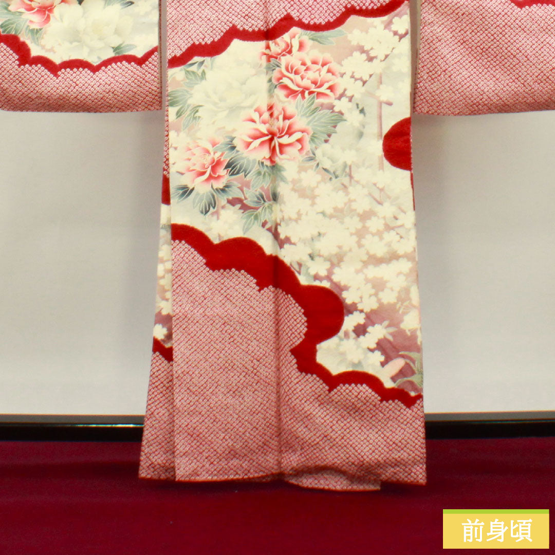 Furisode, pure silk, length 163.5cm, sleeve length 65cm, lined, crimson, Kyo-Yuzen, tie-dye, cherry blossom, rose, S rank, red, 1113001992412
