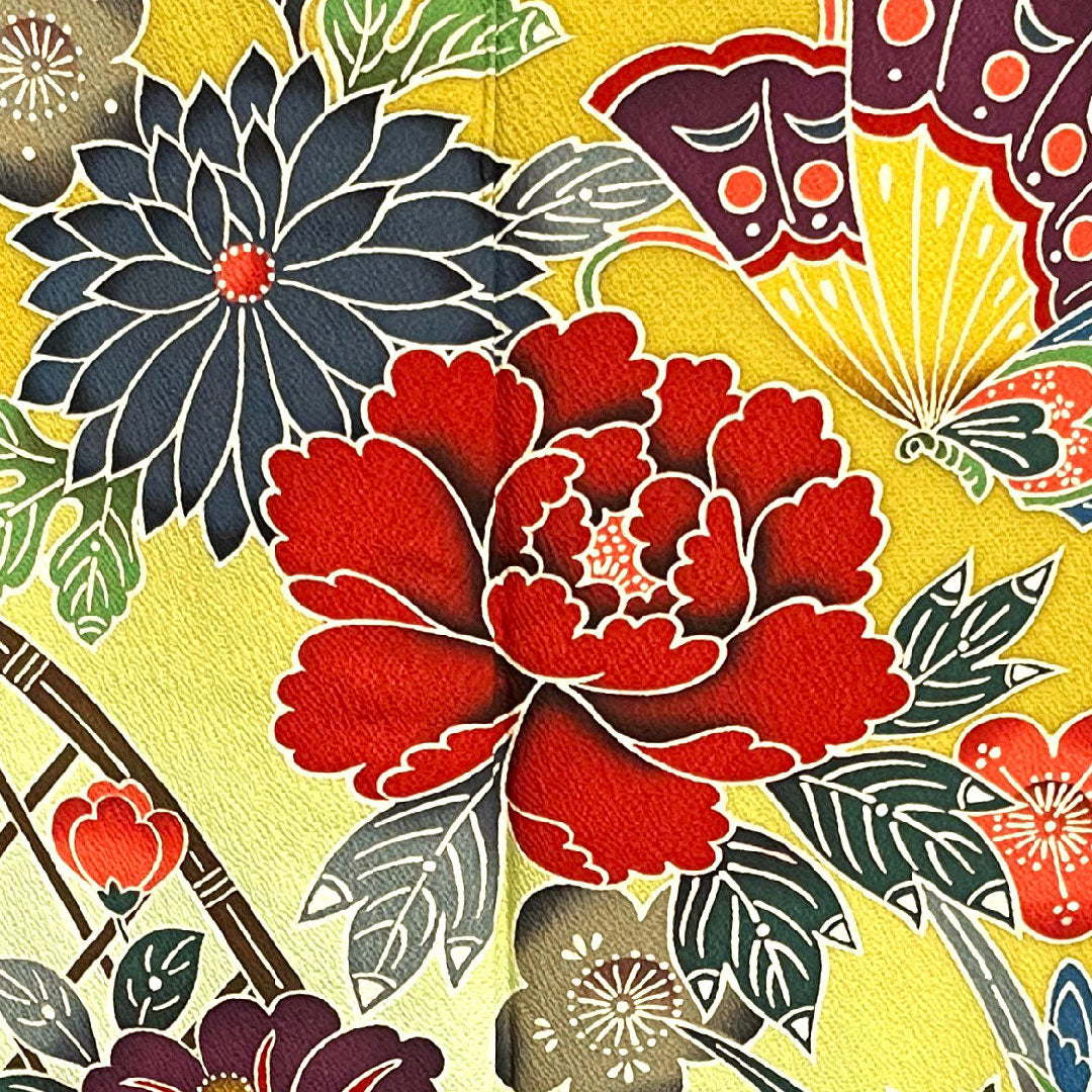 振袖 身丈155.5cm 裄丈64.5cm 袷  芥子色 京紅型 草花模様  正絹 Aランク 黄系 1113000893323