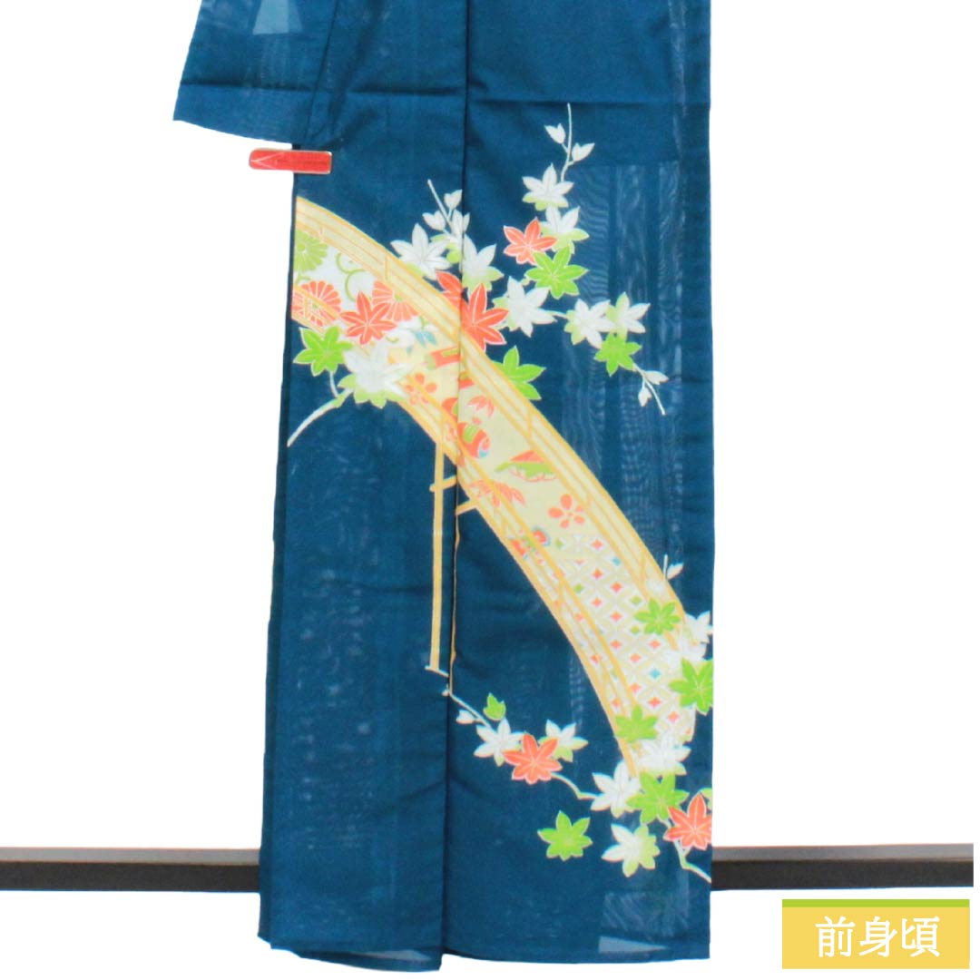 夏物 ポリエステル 付下げ Aランク 身丈163.5cm 裄丈63cm 深縹色（ふかきはなだいろ） 古典柄 洗える着物 絽 青系 1132005263417