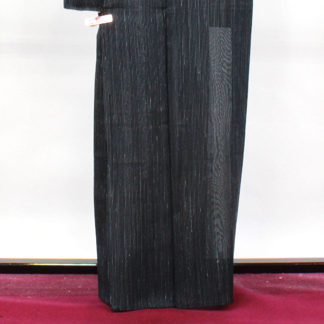 夏物 ポリエステル 紬 身丈163.5cm 裄丈67.5cm  縞 洗える着物  紗 Sランク 黒系 1132001512410