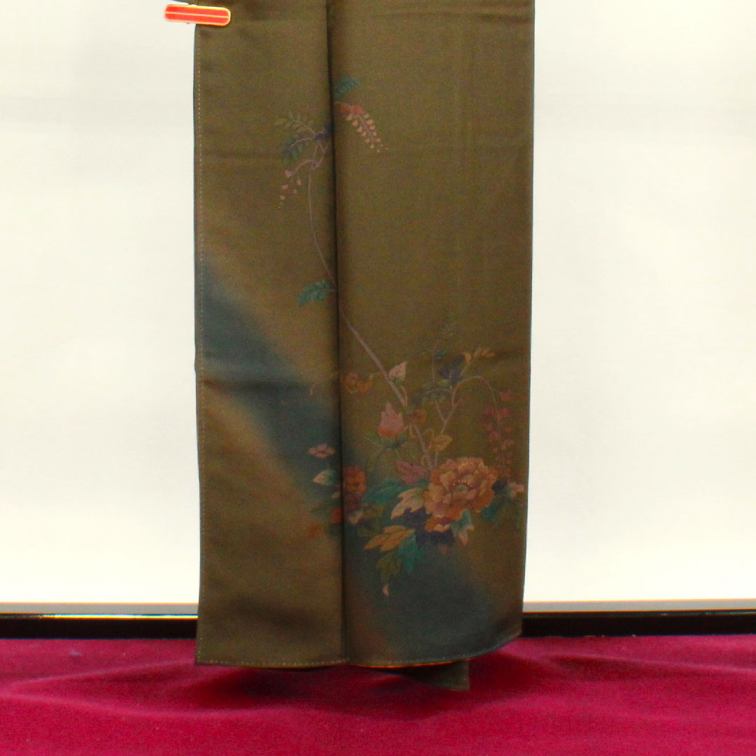 訪問着 正絹 袷 身丈157cm 裄丈64cm 黄黒色 草花模様 Aランク 緑系 1112003023319