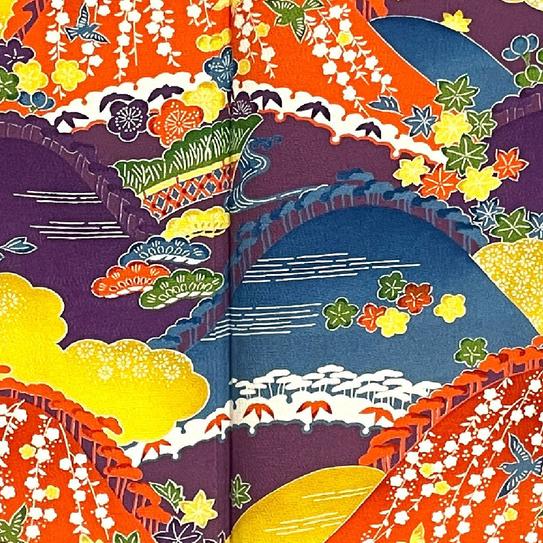 振袖 身丈155cm 裄丈63cm 袷  織葡萄色 型染 遠山 草花模様  正絹 Aランク 紫系 1113000923320