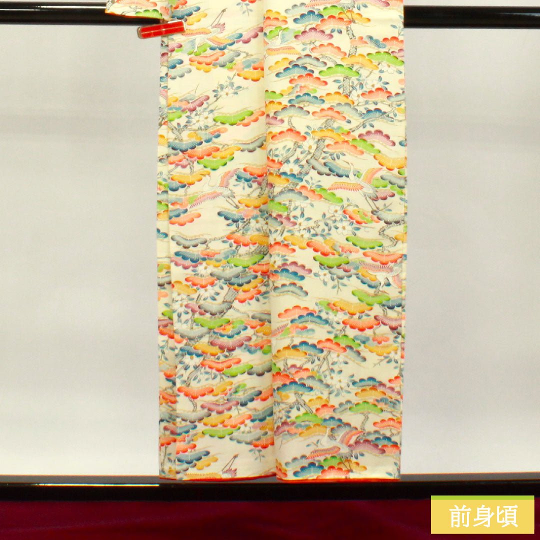 小紋 クリーム系 身丈152.5cm 裄丈67.5cm 袷  乳白色 松 鶴  正絹 Aランク 1115003743215