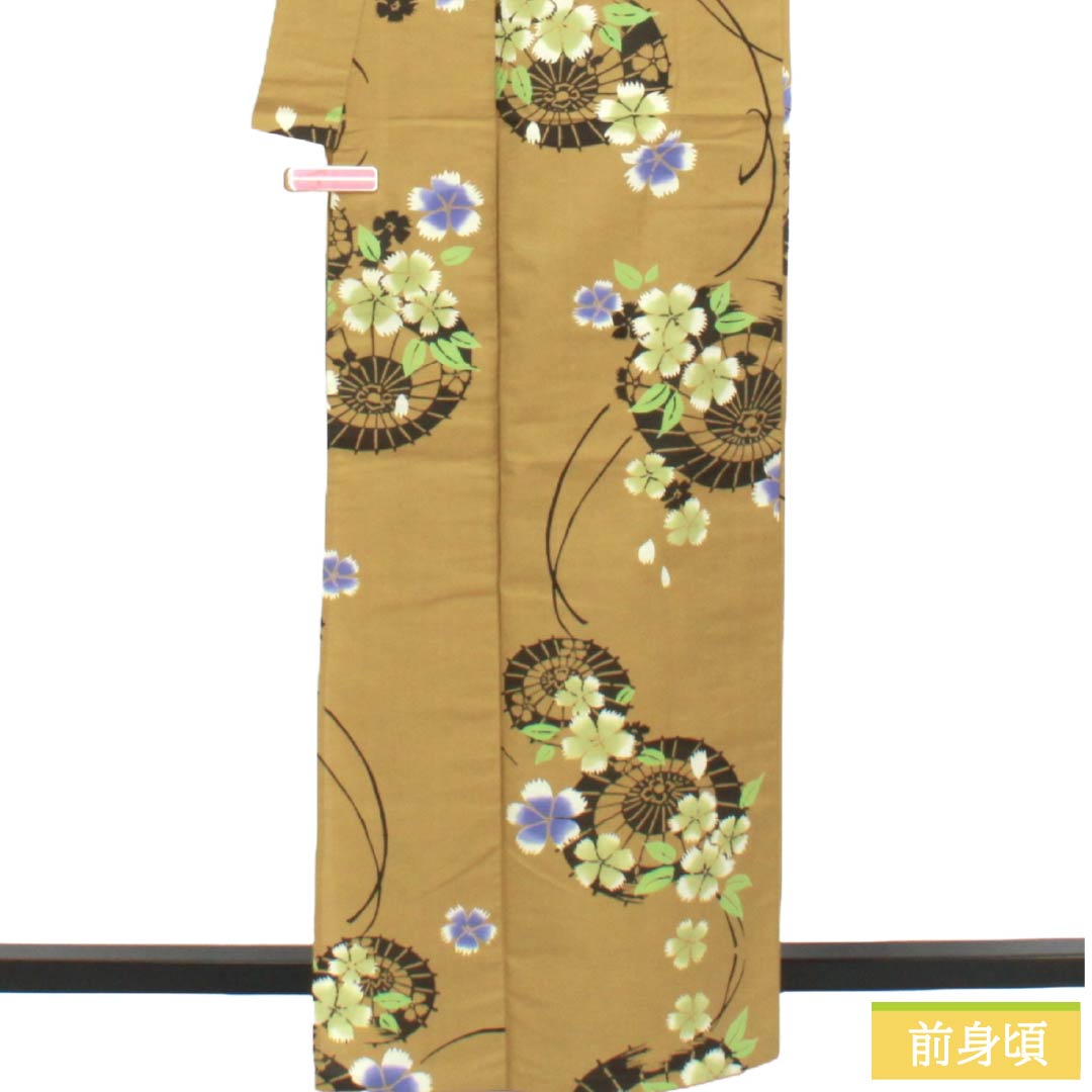 浴衣 木綿 Sランク 身丈162.5cm 裄丈64.5cm 楊梅色（やまももいろ） 山本寛斎 笠 秋桜 単衣 ベージュ系 1118006942425
