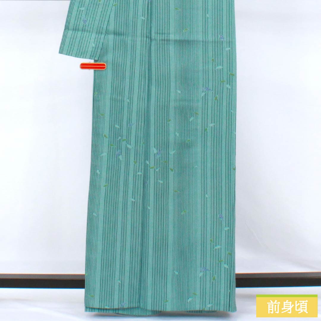 Polyester Komon A rank, length 164cm, sleeve to sleeve 63cm, unlined, Hanarokushō-iro, stencil-dyed, stripes, flower petals, with hip reinforcement, green-toned 1115007863419