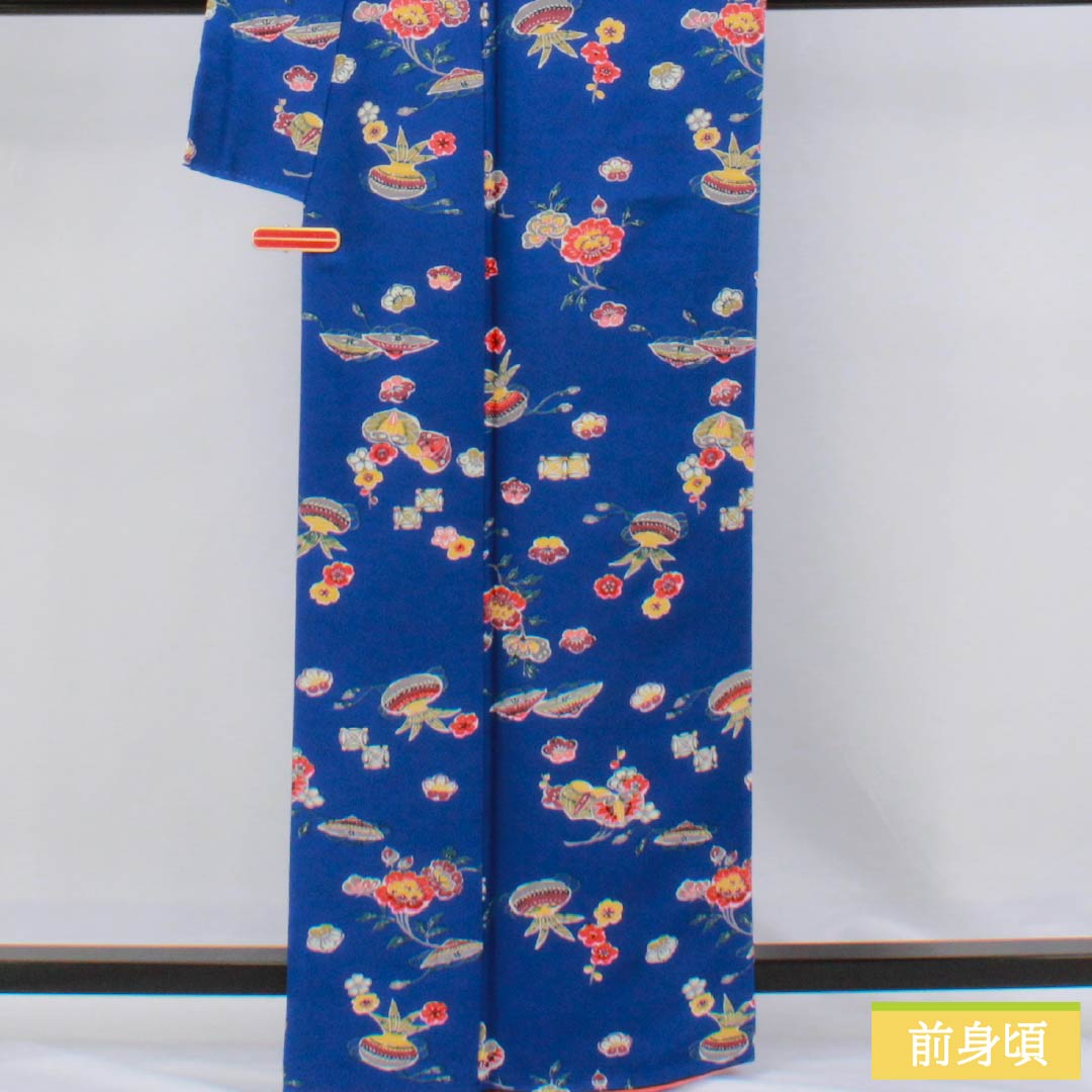 小紋 正絹 Sランク 身丈163.5cm 裄丈66cm 袷 瑠璃色（るりいろ） 型染 吉祥文様 青系 1115006892417