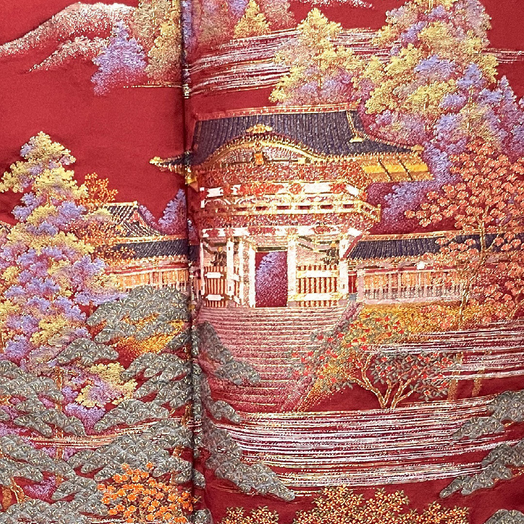 再生和服] 色留袖, 长度155-159cm, 袖长64cm, 泡袖, 带缝纫线, 深红色