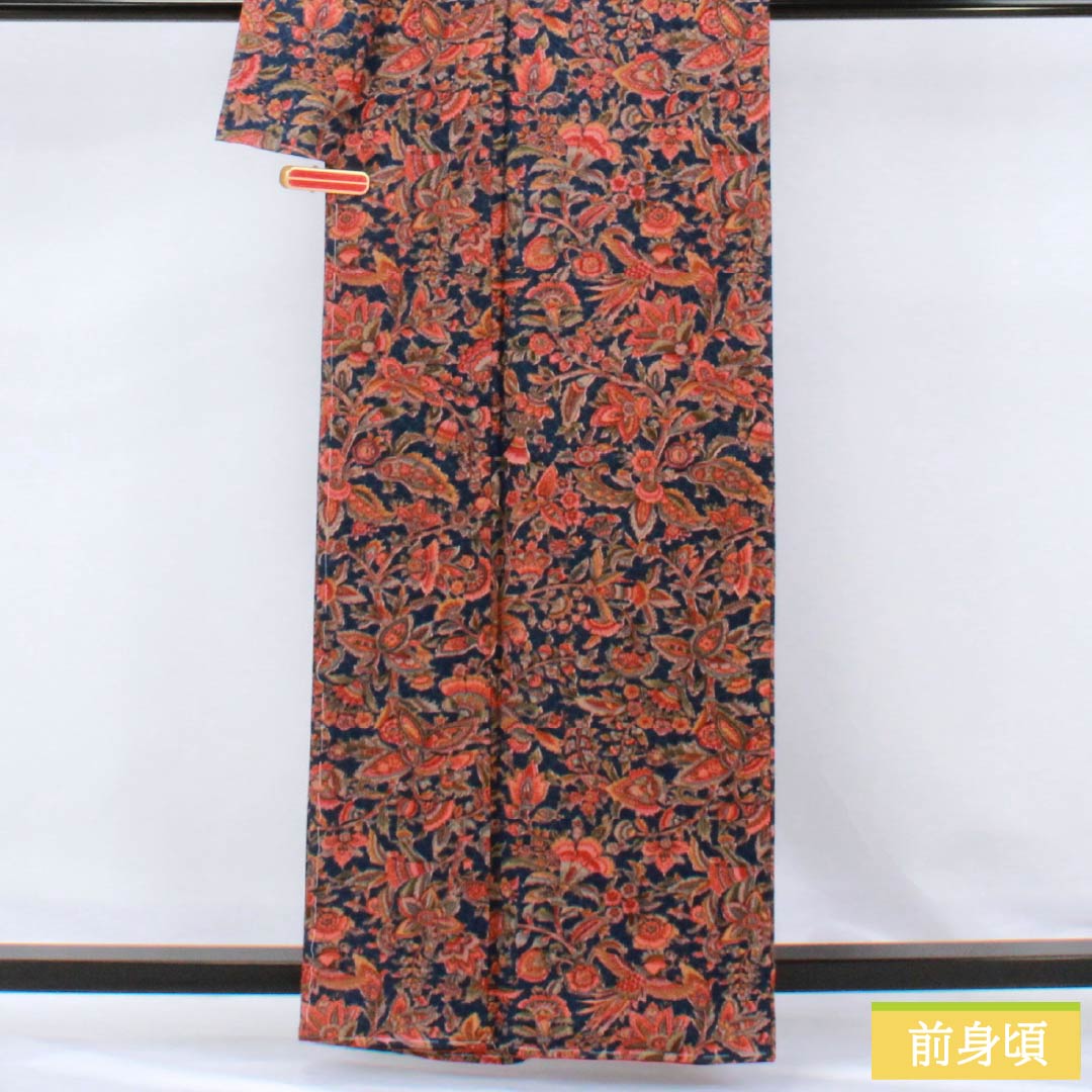 小紋 正絹 Sランク 身丈161cm 裄丈62.5cm 袷 鉄蒲萄色（てつぶどういろ） 更紗 しつけ糸付き 紺系 1115007142418