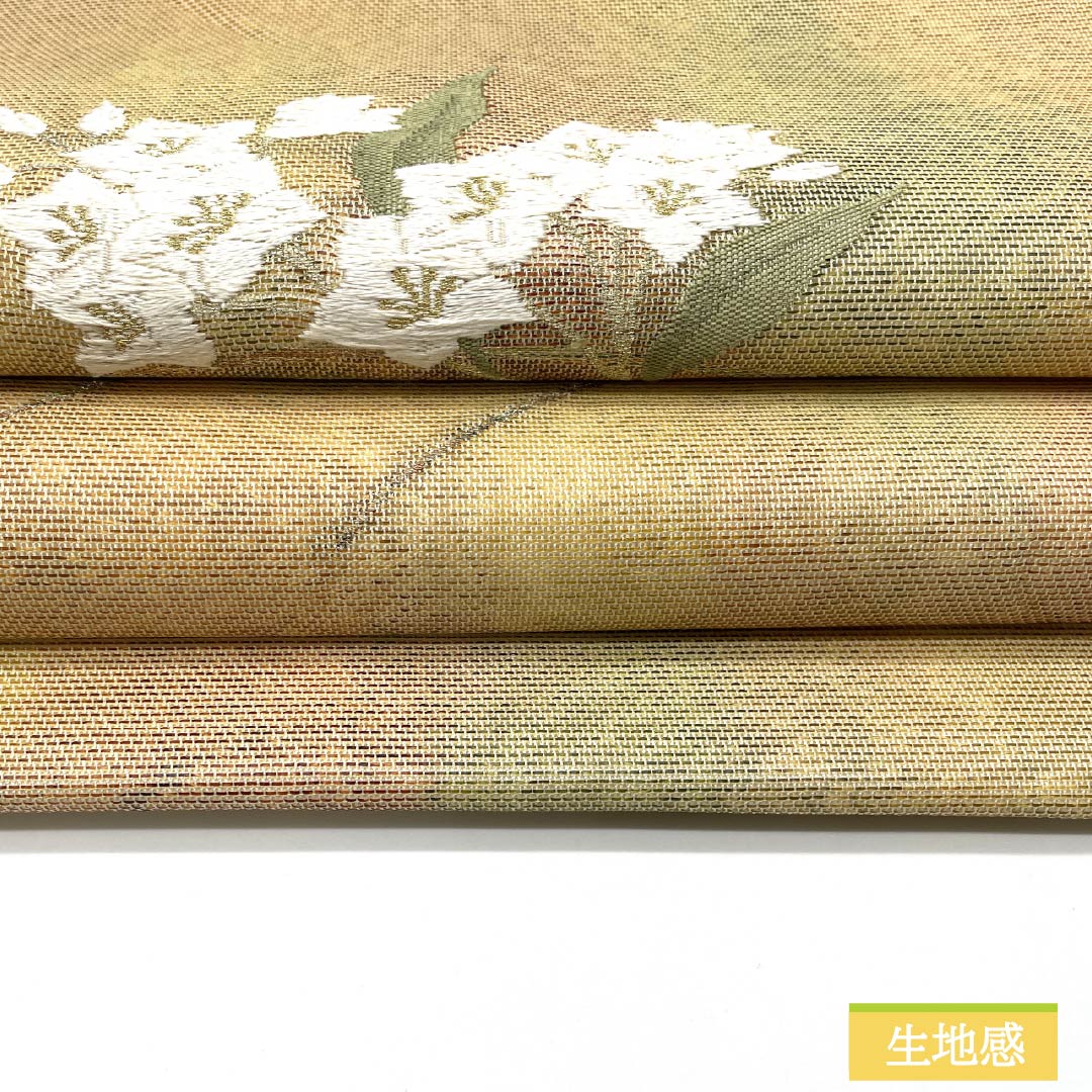絹 引き箔 夏帯·単衣帯 手刺繍 アイボリー 雪輪に笹 袋帯 未使用に近い極美品 ますいわ屋 唐草に雪輪紋 金糸 唐花 七宝 笹蔓 六通 正絹 フォーマル