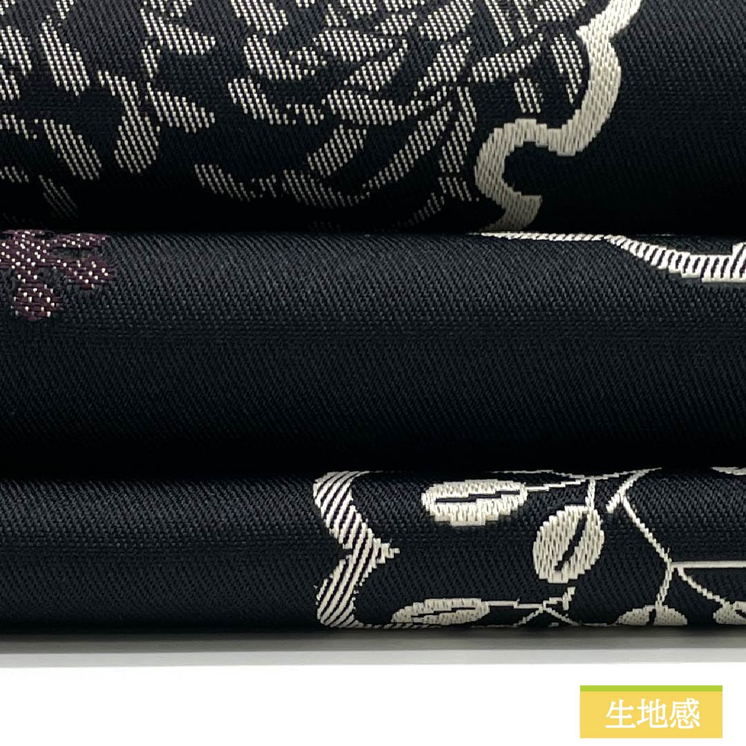 Nagoya Obi, Polyester, S-Rank, Snow Ring, Snow Crystal, and Ranchrysanthemum Designs, Length 369cm, Full Length, Casual, Black, 1124010862310, Pine Needle Stitching