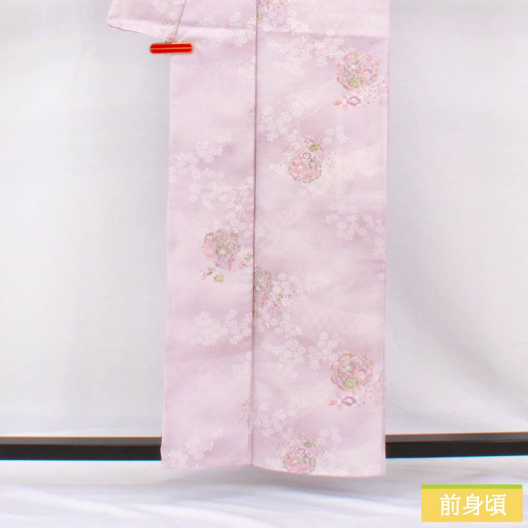 小紋 ポリエステル 身丈158.5cm 裄丈64cm 袷 白藤色（しらふじいろ） 洗える着物 小花 鏡 しつけ糸付き Aランク 紫系 1115005173320