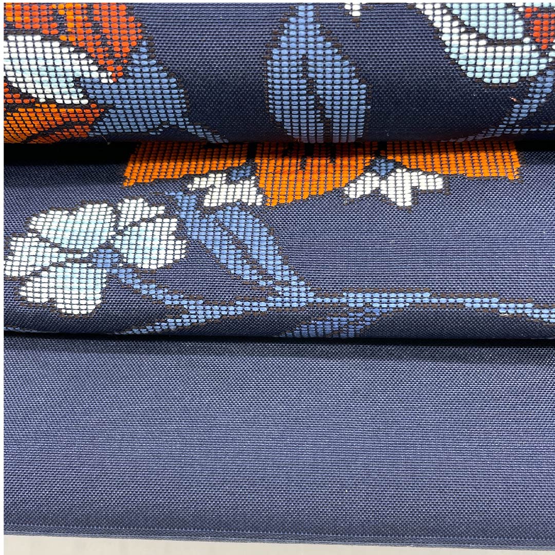 名古屋帯 紺色 唐花模様 帯丈356cm 正絹 Aランク ポイント柄 カジュアル 紺系 1124003033318  名古屋仕立て