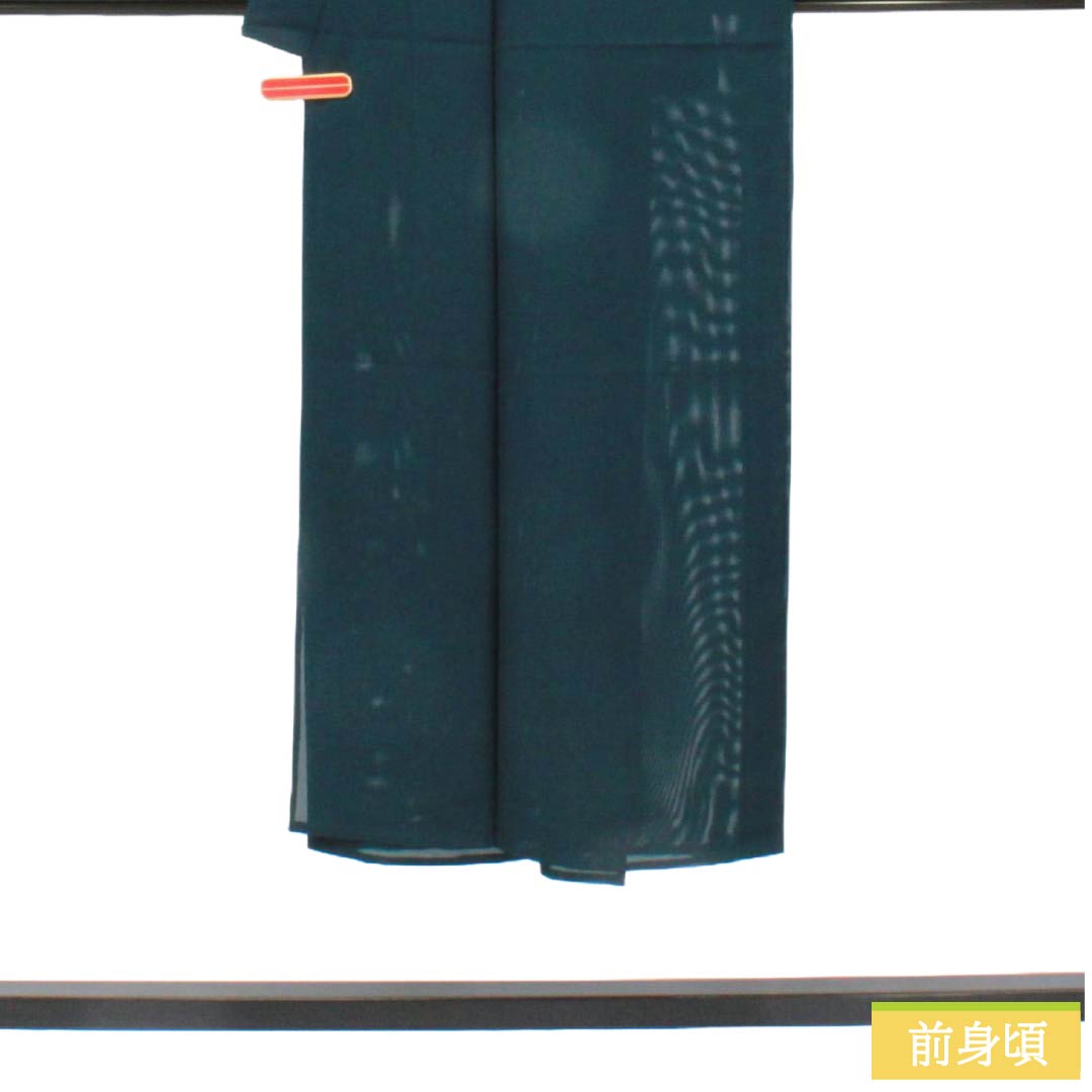 夏物 ポリエステル 男物 Sランク 身丈141.5cm 裄丈65.5cm 鉄色（てついろ） 洗える着物 素無地 絽 緑系 1132006472419