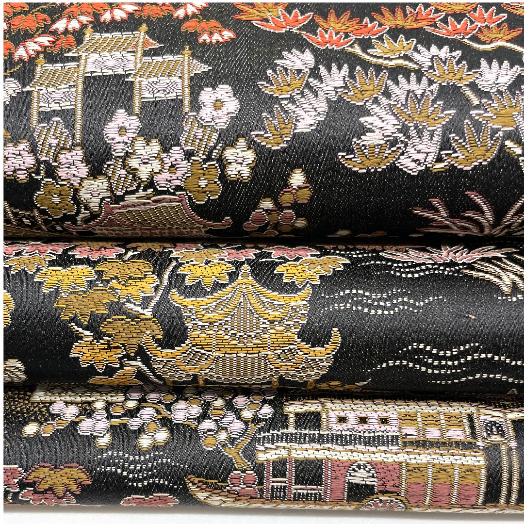 名古屋帯 黒色 寺院 花模様 帯丈339cm 正絹 Sランク 全通 カジュアル 黒系 1124003792310  名古屋仕立て