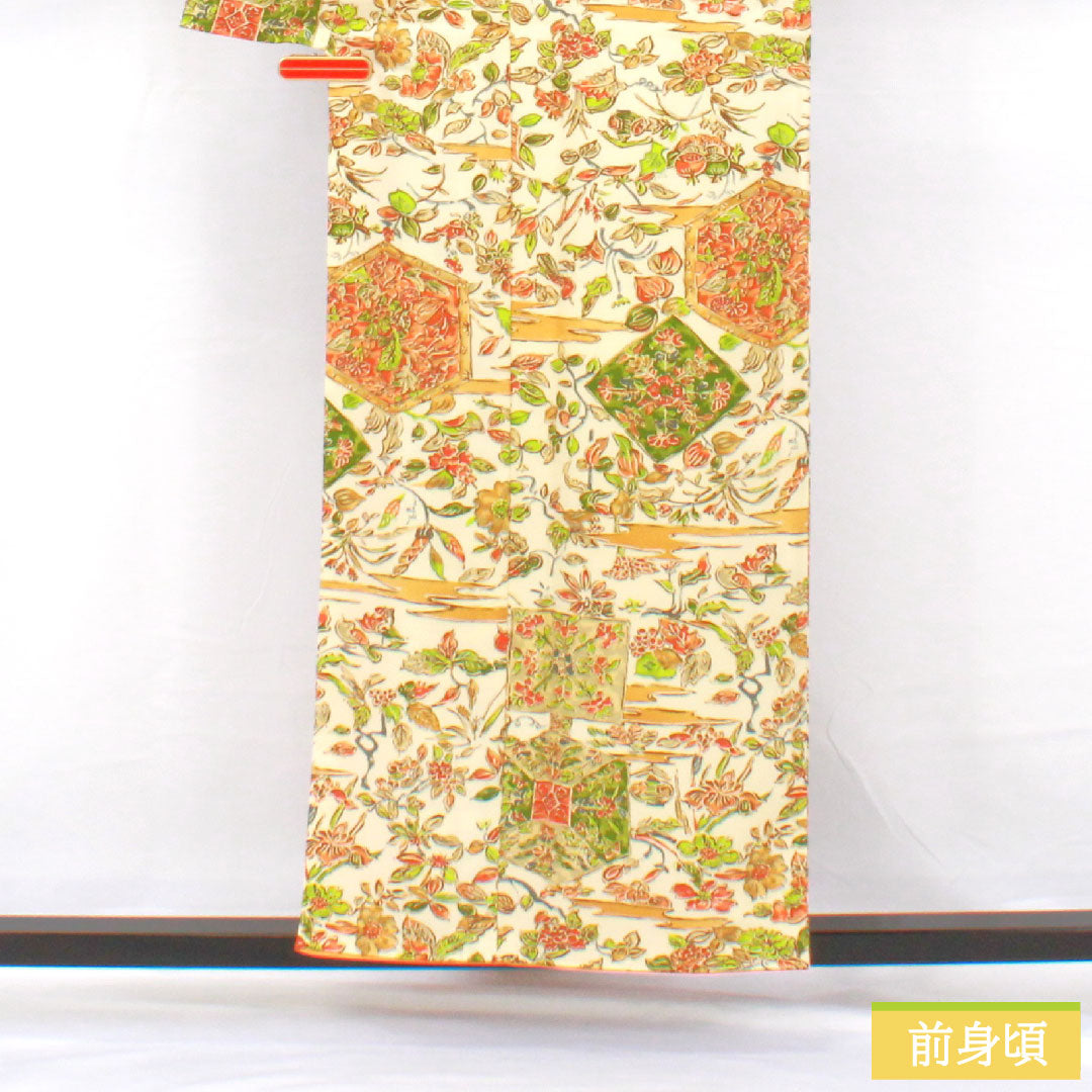 小紋 ポリエステル 身丈156cm 裄丈63cm 袷 乳白色（にゅうはくしょく） 更紗調 洗える着物 Aランク クリーム系 1115004503315