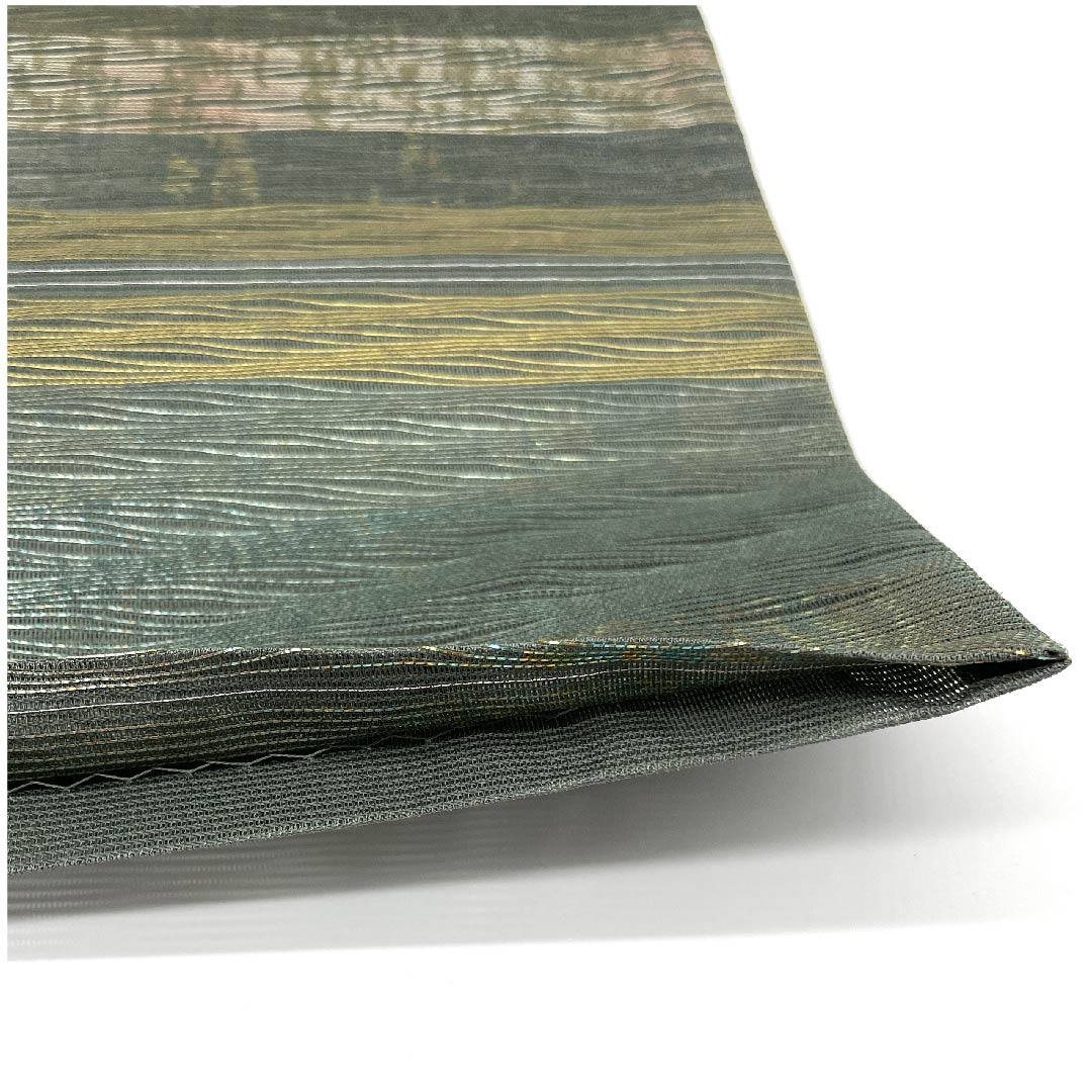 袋帯 湊煤竹色（みなとすすたけいろ） 夏帯 横段 抽象模様 帯丈428cm 正絹 Sランク 六通 セミフォーマル 緑系 1123007262319