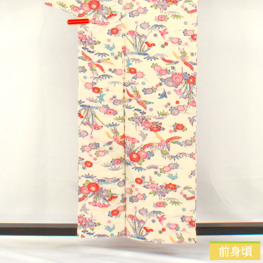 小紋 正絹 身丈157cm 裄丈64cm 袷 生成り色（きなりいろ） 京紅型 吉祥文様 Aランク クリーム系 1115004893315