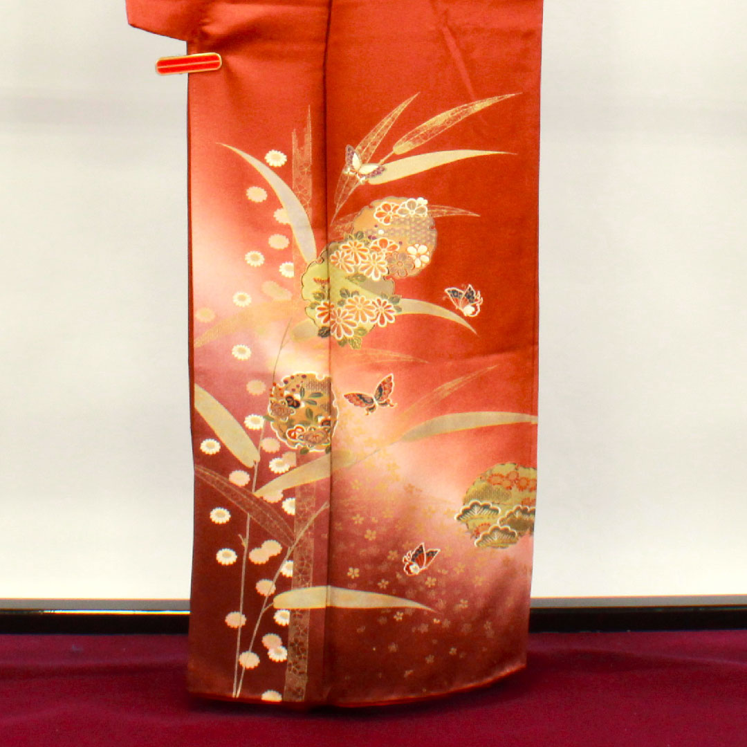 訪問着 正絹 袷 身丈162.5cm 裄丈67cm 赤蘇芳色 京友禅 蝶 雪輪 菊 しつけ糸付き 未使用品 Sランク 橙系 1112003042426