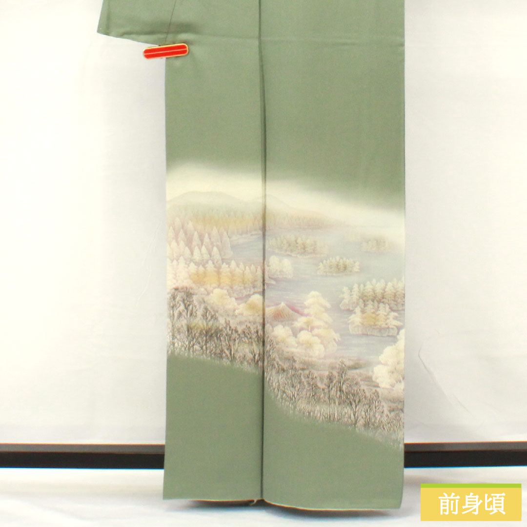 訪問着 正絹 袷 身丈162.5cm 裄丈65cm 裏葉色（うらはいろ） 風景模様 Aランク 緑系 1112005853419