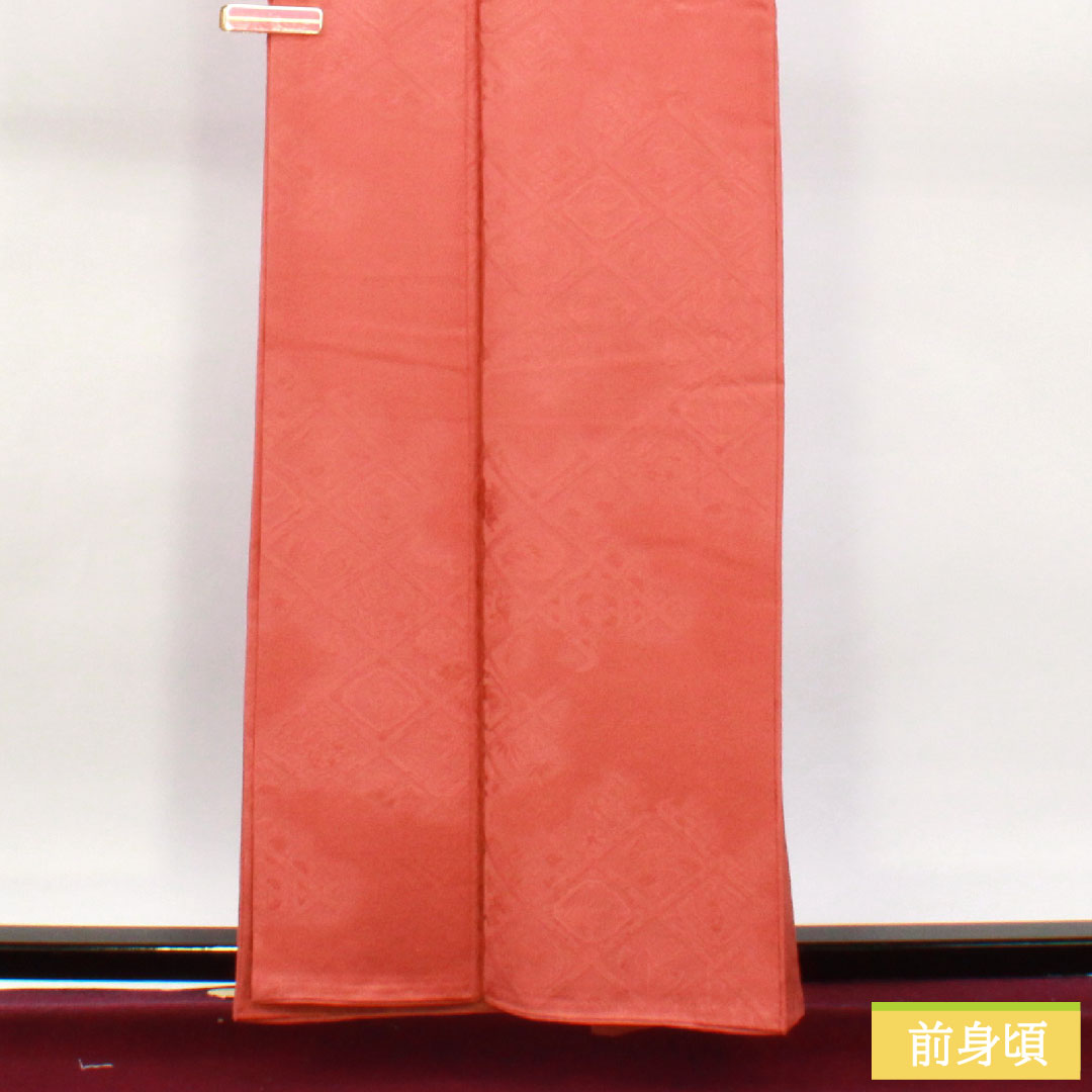 色無地 正絹 身丈160cm 裄丈66cm 中紅色（なかべにいろ） 一つ紋 中陰桔梗 袷 Aランク 朱系 1114001343416