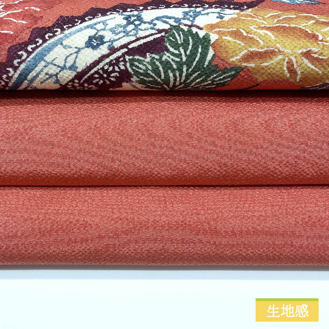 名古屋帯 正絹 似紅色（にせべにいろ） 扇 花 ちりめん 帯丈369cm Sランク ポイント柄 カジュアル 赤系 1124006402312 名古屋仕立て