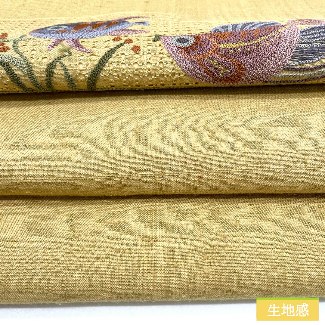 名古屋帯 正絹 麦藁色（むぎわらいろ） 相良刺繍 魚 刺繡 帯丈374cm Aランク ポイント柄 カジュアル ベージュ系 1124006343325 名古屋仕立て