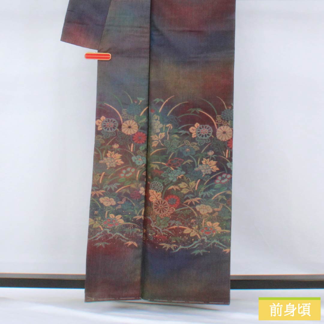訪問着 正絹 Sランク 袷 身丈161cm 裄丈64cm 紬地 草花 しつけ糸付き グラデーション系 1112007012499