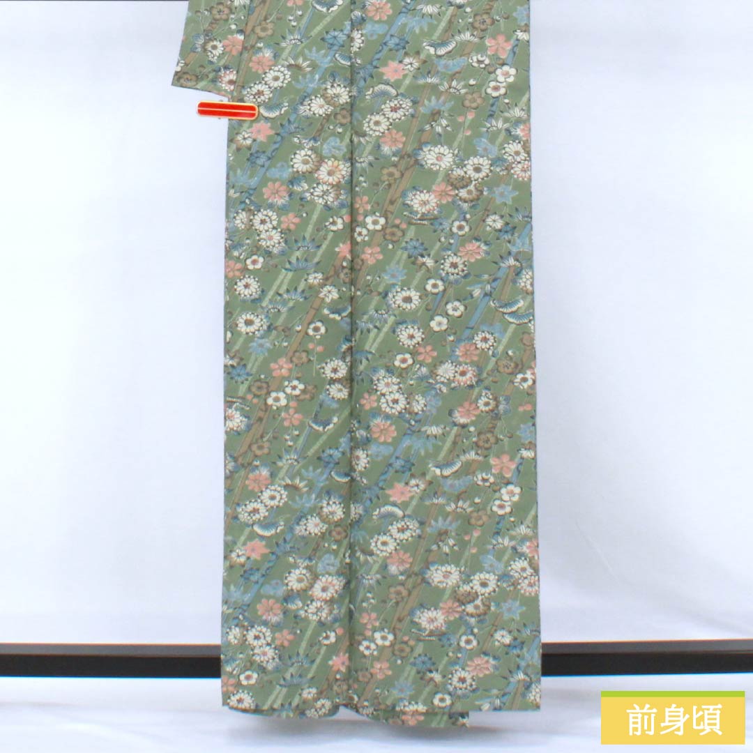 Polyester Komon, S Rank, Length 160cm, Yuki 62cm, Unlined, Ash Green, Stencil-dyed, Pine, Bamboo, Plum, Small Flowers, Washable Kimono, Green Tones, 1115007792419