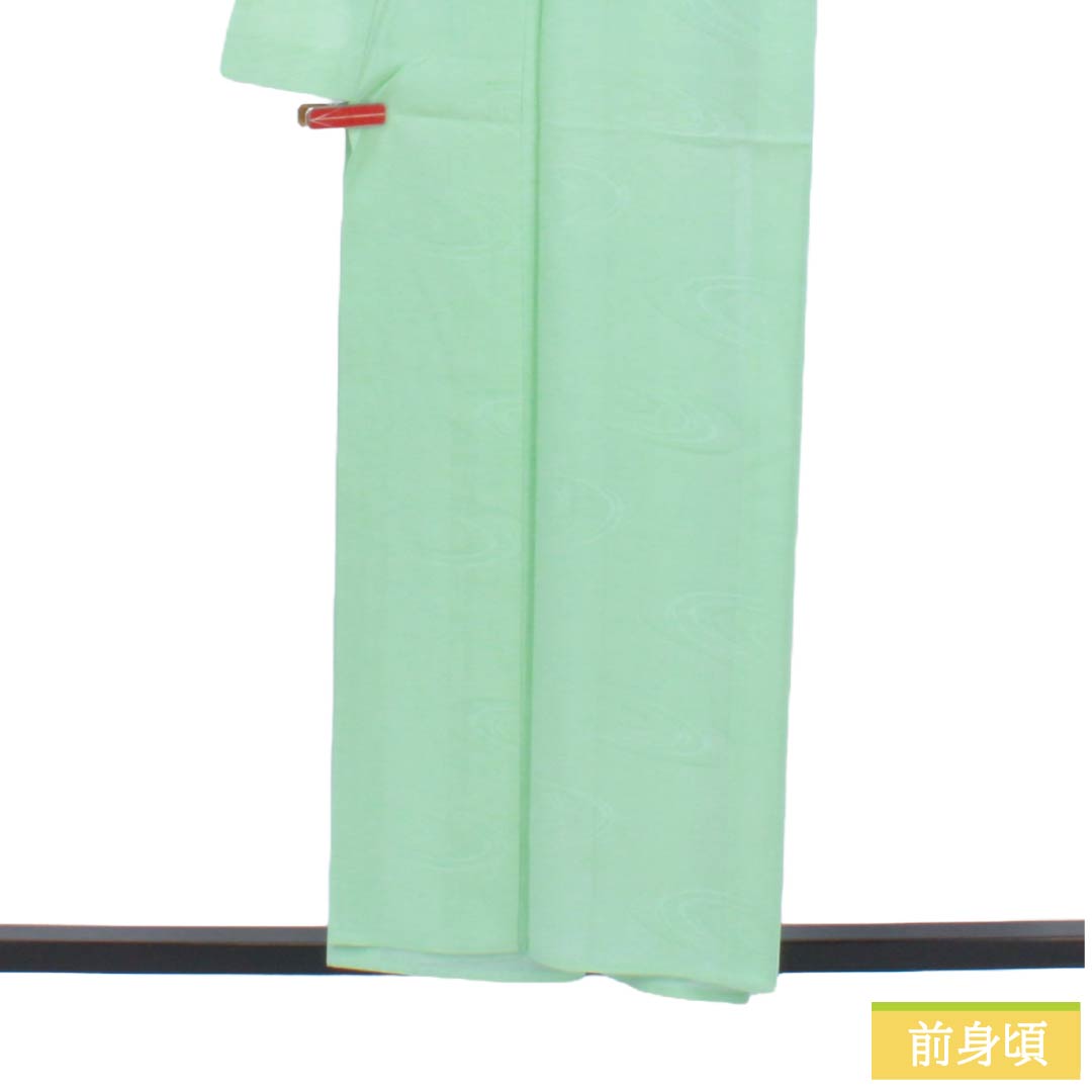 夏物 正絹 色無地 Aランク 身丈155.5cm 裄丈64cm 薄緑色（うすみどりいろ） 素無地 一つ紋 上り藤に一文字 絽 緑系 1132004743319