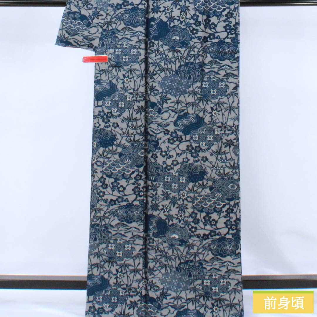 小紋 正絹 Sランク 身丈166cm 裄丈67cm 袷 京紅型 藍型 紬地 草花 グレー系 1115007212522