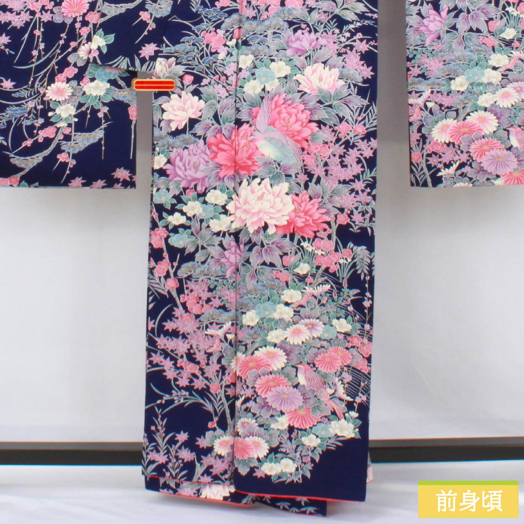 Pure silk furisode (long-sleeved kimono) - Grade A, length 159cm, sleeve length 63cm, lined, in navy blue with bellflower and plum blossom motifs in Kyoto Yuzen. Product code: 1113002623318