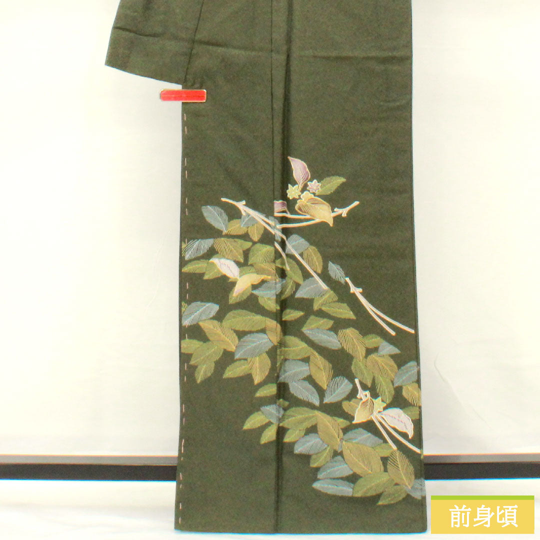 訪問着 ポリエステル 袷 身丈165cm 裄丈63cm 藍海松茶色（あいるみちゃいろ） 洗える着物 松葉 Aランク 緑系 1112005843519