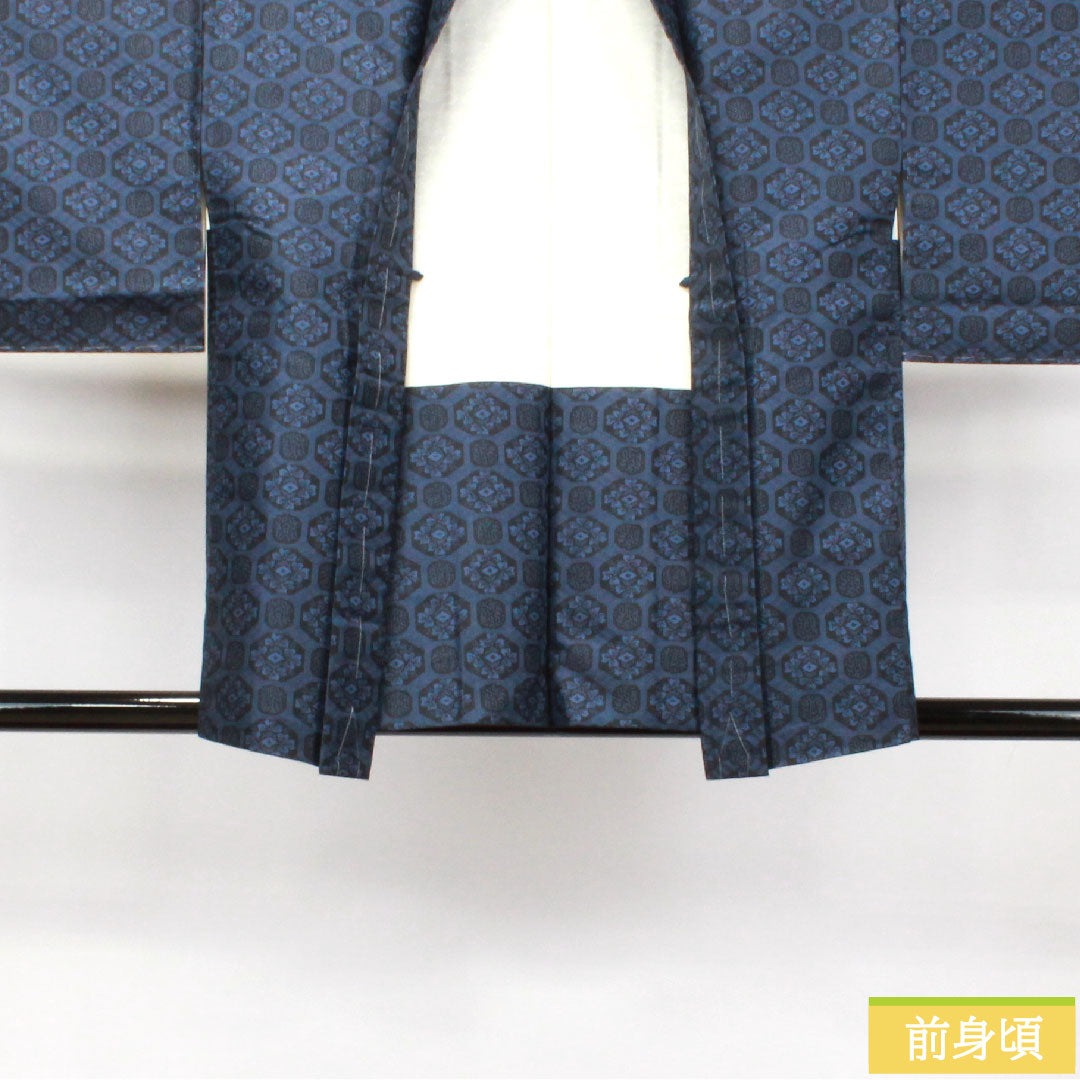 羽織 正絹 身丈78.5cm 裄丈63cm 村山大島 幾何学模様 しつけ糸付き 未使用品 Sランク 袷 紺系 1117000932918