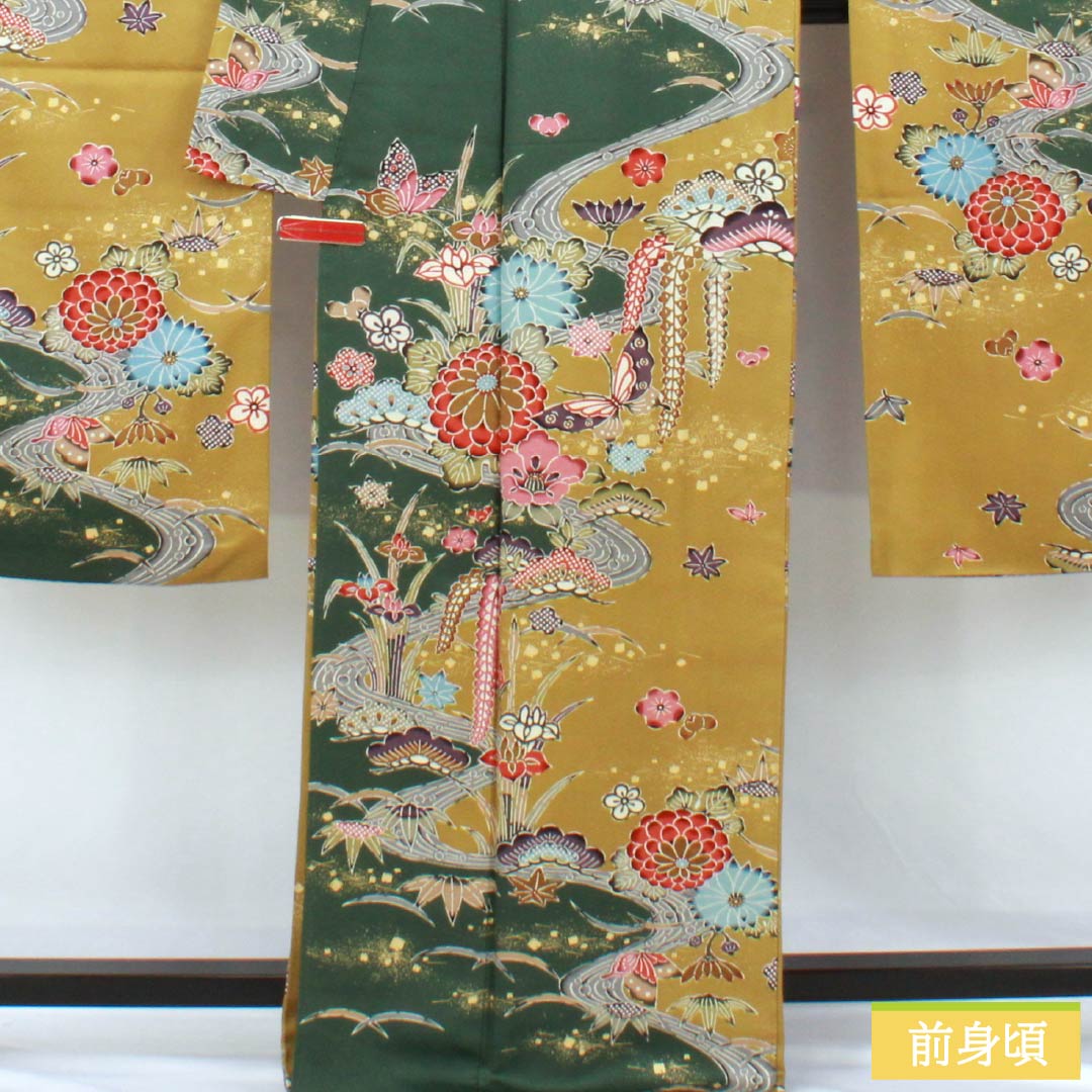 振袖 正絹 Aランク 身丈168cm 裄丈68cm 袷 菜種油色（なたねあぶらいろ） 京友禅 紗綾形 慶長柄 綸子生地 黄系 1113002523523