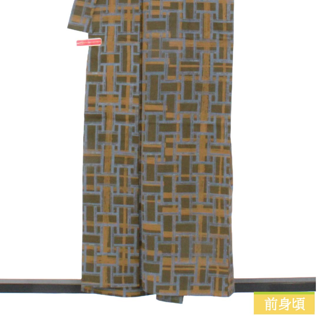 メンズ浴衣 木綿 Sランク 身丈157.5cm 裄丈70cm 煤色（すすいろ） 幾何学模様 単衣 茶系 1138000982514