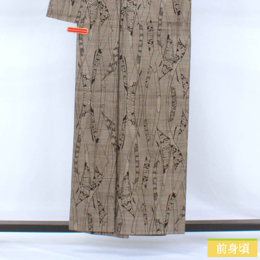 紬 正絹 Sランク 身丈154.5cm 裄丈63cm 柴色（ふしいろ） 大島紬 抽象模様 しつけ糸付き 袷 茶系 1116004852214