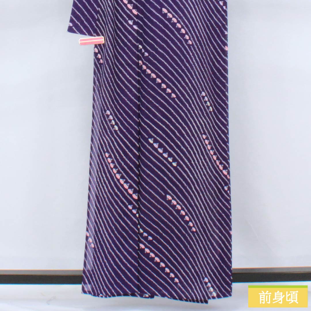 夏物 ポリエステル 小紋 身丈160.5cm 裄丈65cm 菫色（すみれいろ） 扇面 洗える着物 絽 Aランク 紫系 1132002543420