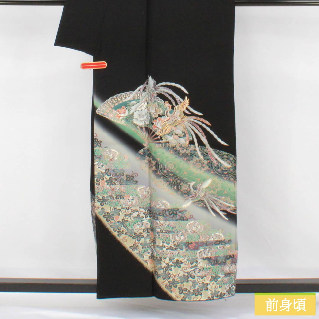 Black Tomesode Kimono, Pure Silk, Grade A, Length 156cm, Sleeve Length 64cm, Lined, Kyoto Yuzen, Five Crests, Gosan Paulownia, Phoenix, Fan Design, Five Crests, Black, Item Number 1111002093310