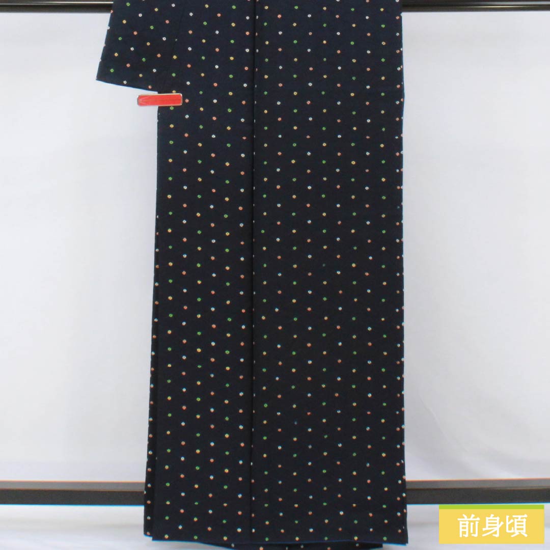 小紋 正絹 Aランク 身丈162.5cm 裄丈62.5cm 袷 濃紺色（のうこんいろ） 絞り 籠目 点  紺系 1115007353418