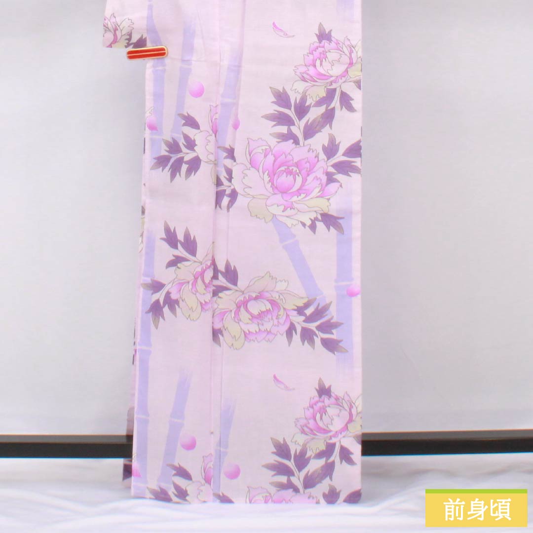 浴衣 木綿 身丈166cm 裄丈67.5cm Aランク 単衣 紫系 淡藤色（うすふじいろ） 牡丹 竹 1118006053520