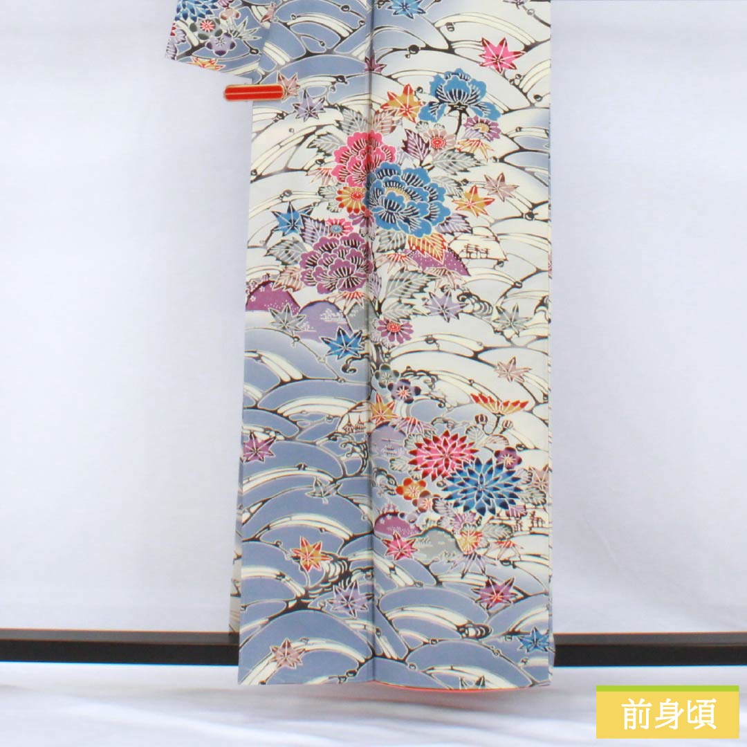 訪問着 正絹 Aランク 袷 身丈158cm 裄丈65cm 紺藤色（こんふじいろ） 京紅型 花 しつけ糸付き 青系 1112007023317