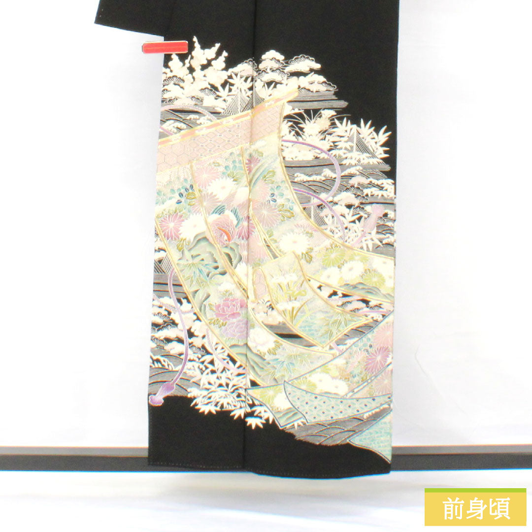 Black formal kimono, pure silk, length 154cm, sleeve length 61.5cm, lined, Kyoto Yuzen, pine, bamboo and plum, folding screen, five crests, circle with ivy, A rank, black, 1111001653210