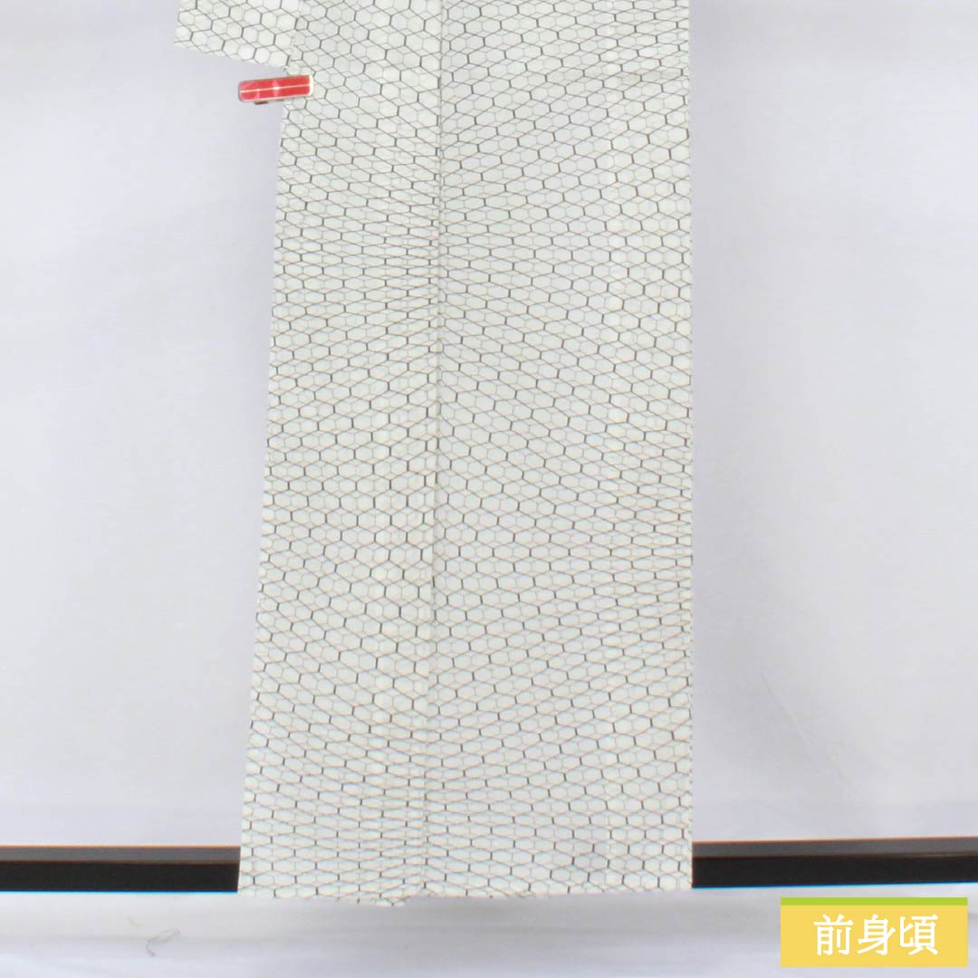 夏物 ポリエステル 小紋 身丈156cm 裄丈64cm 亀甲 洗える着物 絽 Sランク 白系 1132002612311