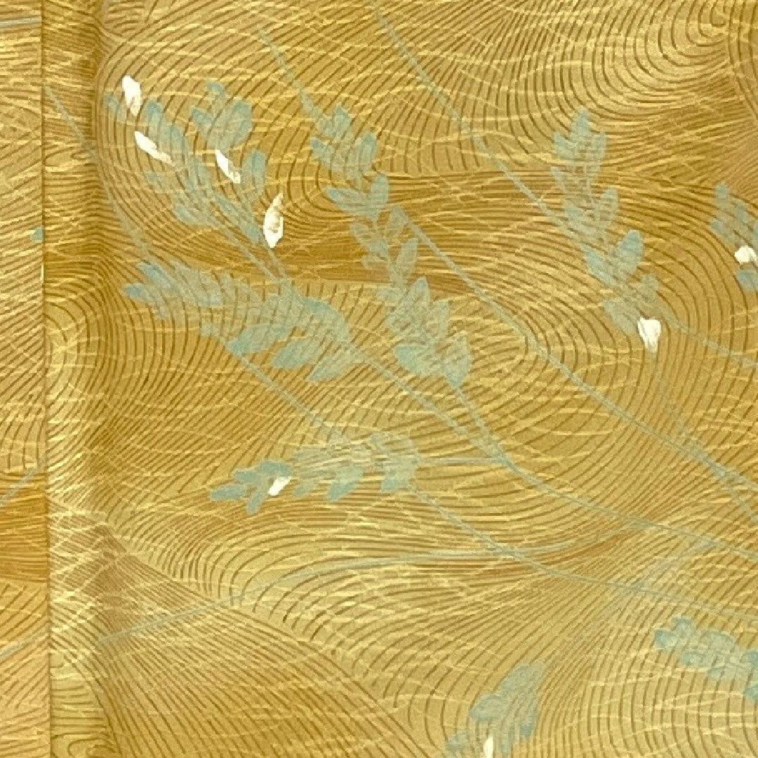 小紋 身丈147.5cm 裄丈61.5cm 袷  洗える着物 流水に葉 ポリ Aランク 黄系 1115000213123