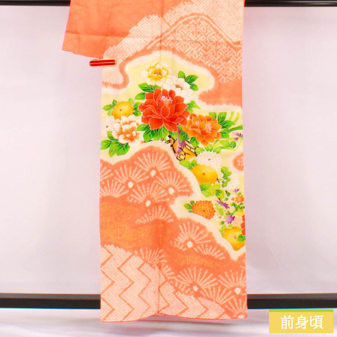 訪問着 正絹 Aランク 袷 身丈158cm 裄丈62cm 赤橙色（あかだいだいいろ） 京友禅 絞り 吉祥文様 入子菱 花 橙系 1112007513326