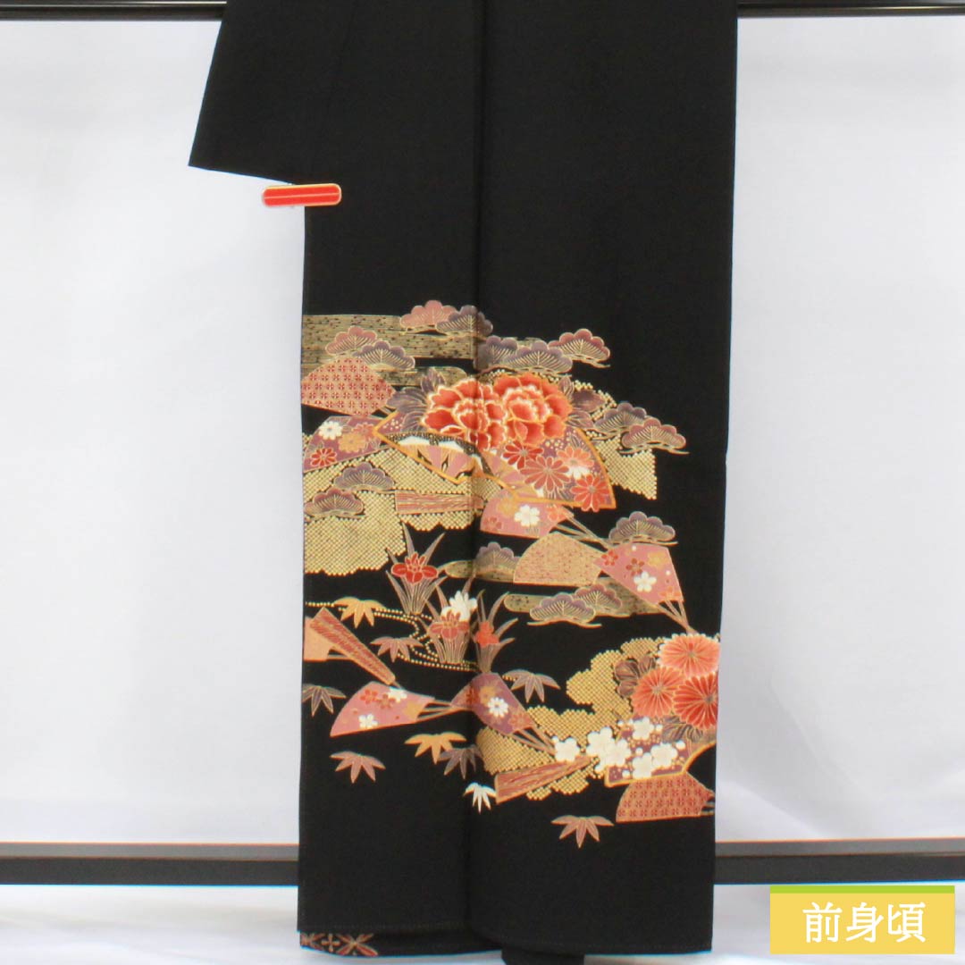 黒留袖 ポリエステル Aランク 身丈161cm 裄丈65cm 袷 京友禅 五つ紋 五三桐 松竹梅 扇 菊 洗える着物 五つ紋 黒系 1111001853410